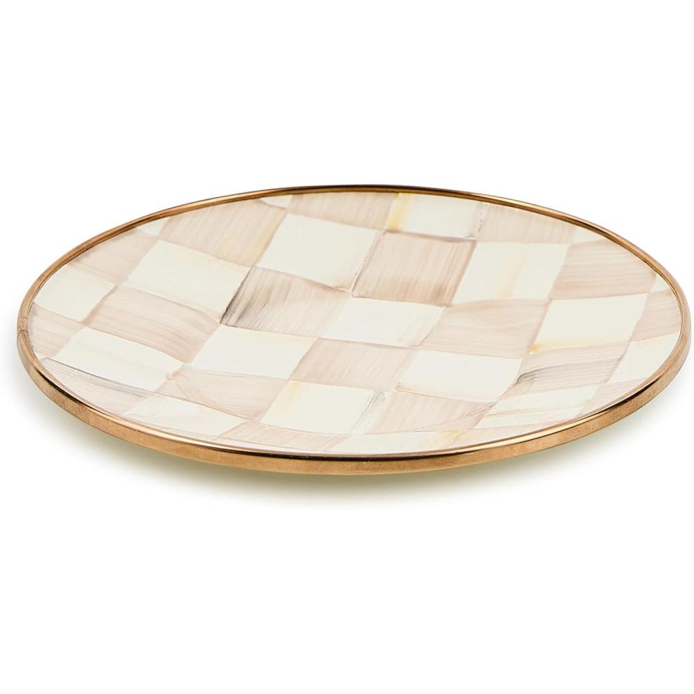 imageMACKENZIECHILDS Enamel Saucer Small Enamel Plate for Teacups PinkandWhite Rosy CheckMocha Check