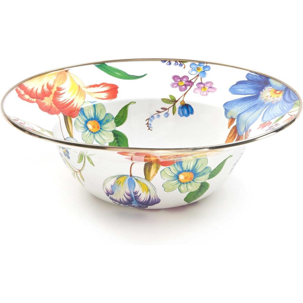 imageMACKENZIECHILDS Enamel Serving Bowl Enamel Serveware Bowl 12 Inches Butterfly GardenFlower Market White
