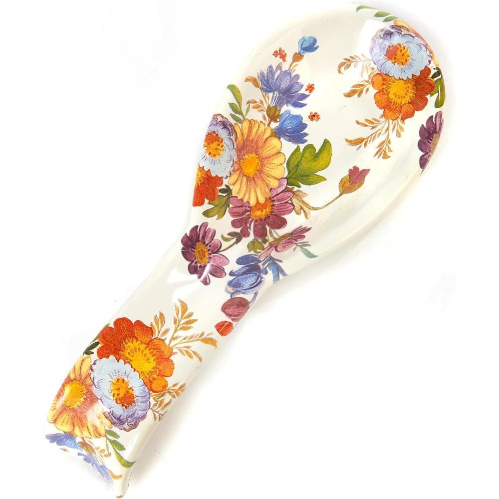 imageMACKENZIECHILDS Enamel Spoon Rest Kitchen Spoon Holder and Utensil Rest for Stovetop White Flower MarketWhite Flower Market