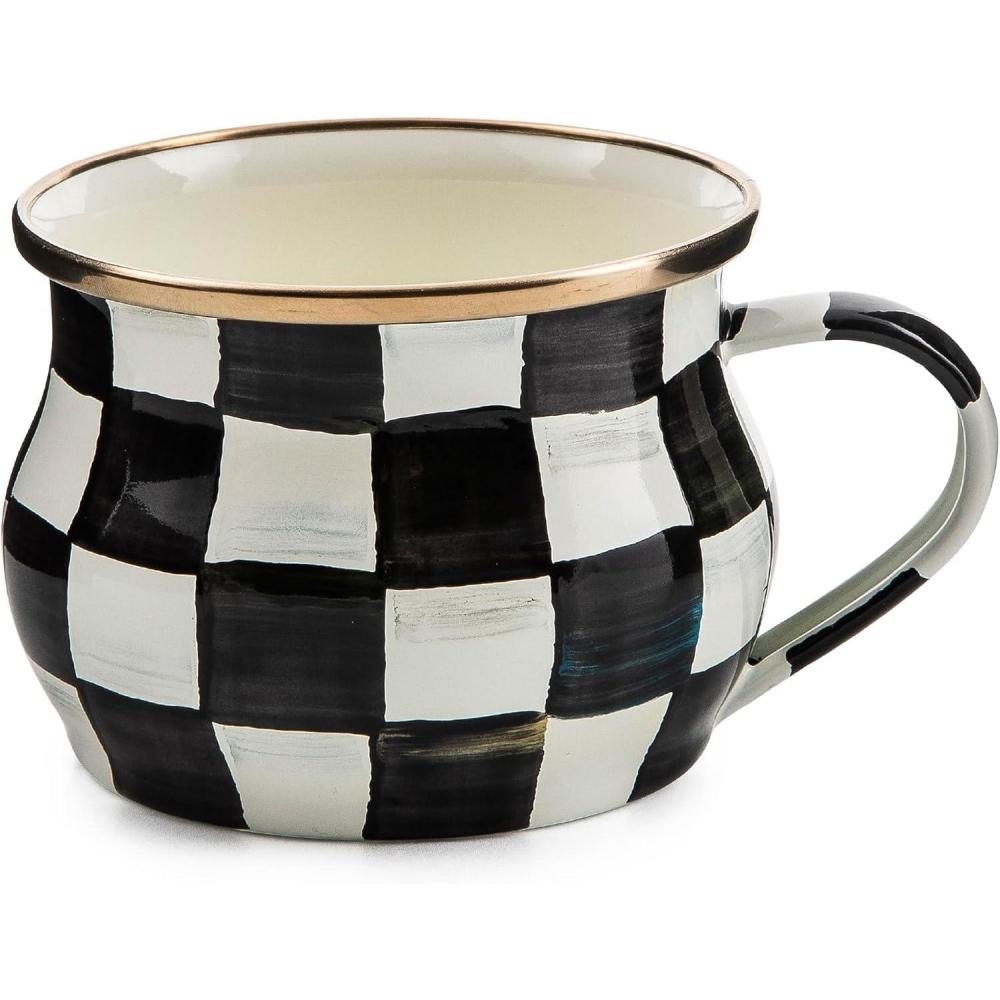 imageMACKENZIECHILDS Enamel Teacup Unique Coffee and Tea Mug Enamel Cup for Hot Tea 10 Ounces GrayandWhite Sterling CheckCourtly Check