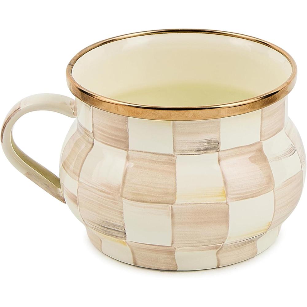 imageMACKENZIECHILDS Enamel Teacup Unique Coffee and Tea Mug Enamel Cup for Hot Tea 10 Ounces GrayandWhite Sterling CheckMocha Check