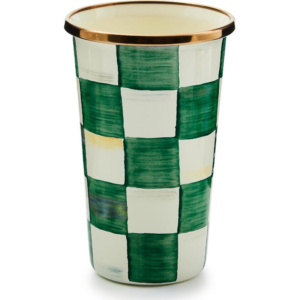 imageMACKENZIECHILDS Enamel Tumbler Open Tumbler Cup Cute Enamelware Cup 10 Ounces BlackandWhite Courtly CheckEmerald Check