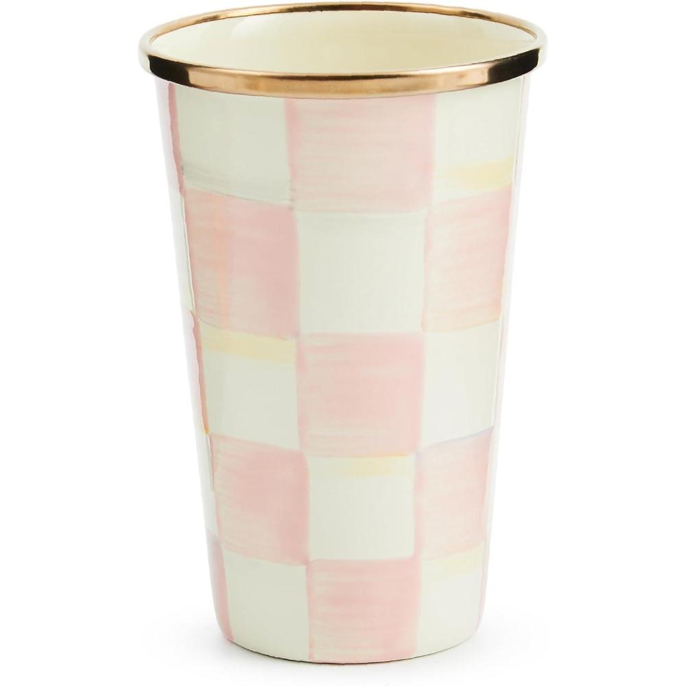 imageMACKENZIECHILDS Enamel Tumbler Open Tumbler Cup Cute Enamelware Cup 10 Ounces BlackandWhite Courtly CheckRosy Check