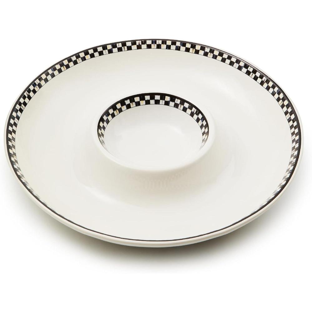 imageMACKENZIECHILDS Everyday Chip and Dip Bowl DishwasherSafe Stoneware Chip Bowl BlackandWhite Courtly Check