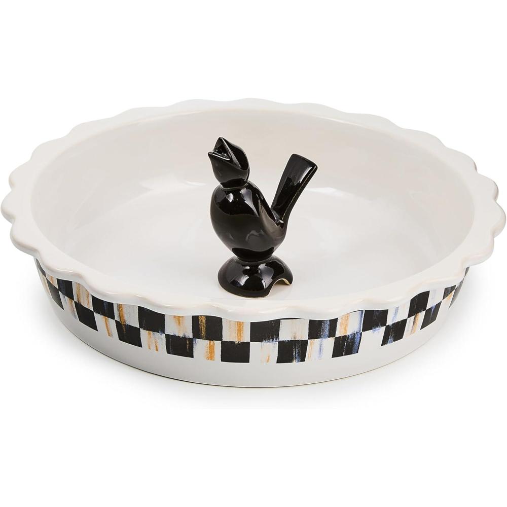 imageMACKENZIECHILDS Everyday Pie Plate with Pie Bird Stoneware Pie Pan for Baking and Serving BlackandWhite Courtly CheckCourtly Check