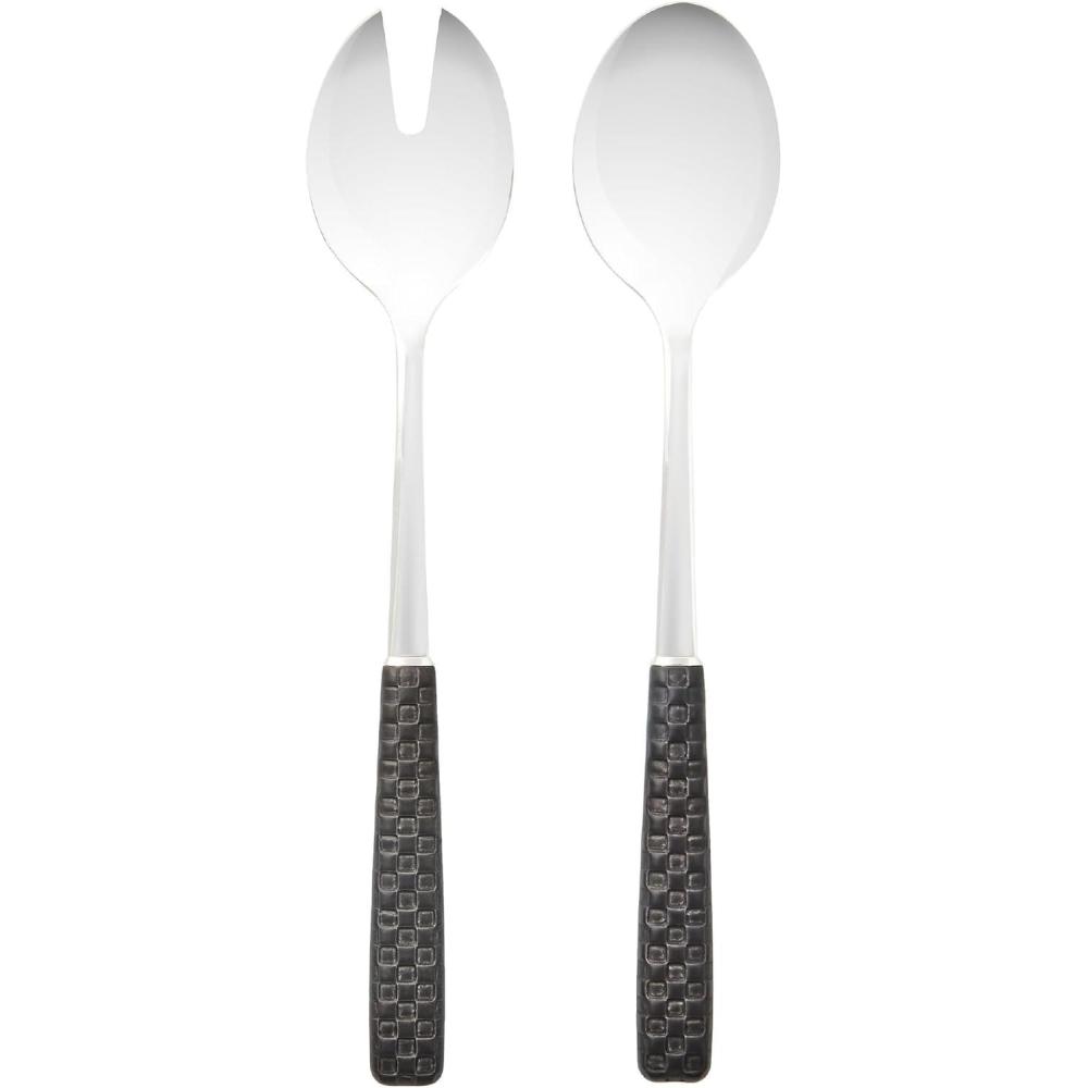 imageMACKENZIECHILDS Everyday Salad Serving Set StainlessSteel Salad Servers LeatherBlack