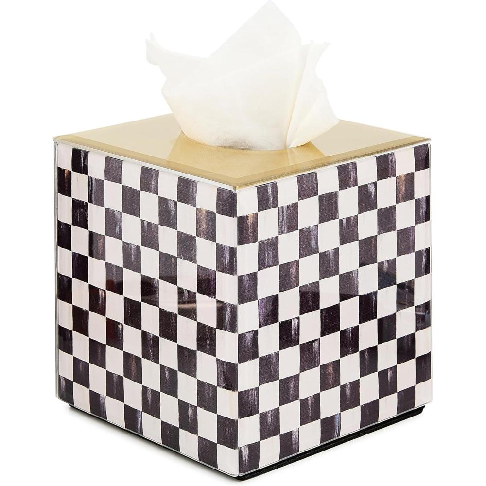 imageMACKENZIECHILDS Glass TissueBox Cover Boutique Bathroom Decor BlackandWhite Courtly CheckCourtly Check Glass Boutique Tissue Box Cover