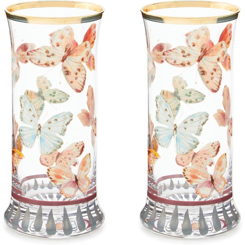 imageMACKENZIECHILDS Highball Glasses Tall Drinking Glasses with Gold Rims 15 Ounces Set of 2 Go FishButterfly Hill