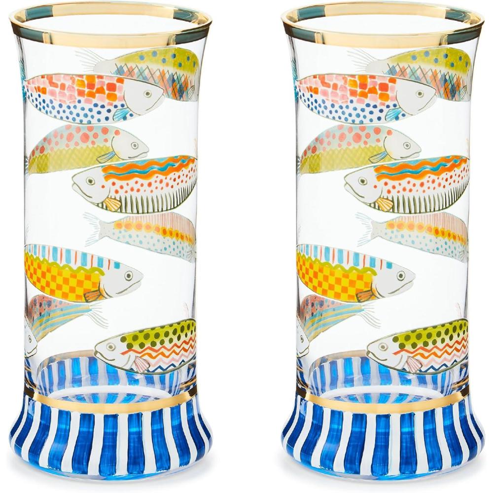 imageMACKENZIECHILDS Highball Glasses Tall Drinking Glasses with Gold Rims 15 Ounces Set of 2 Go FishGo Fish