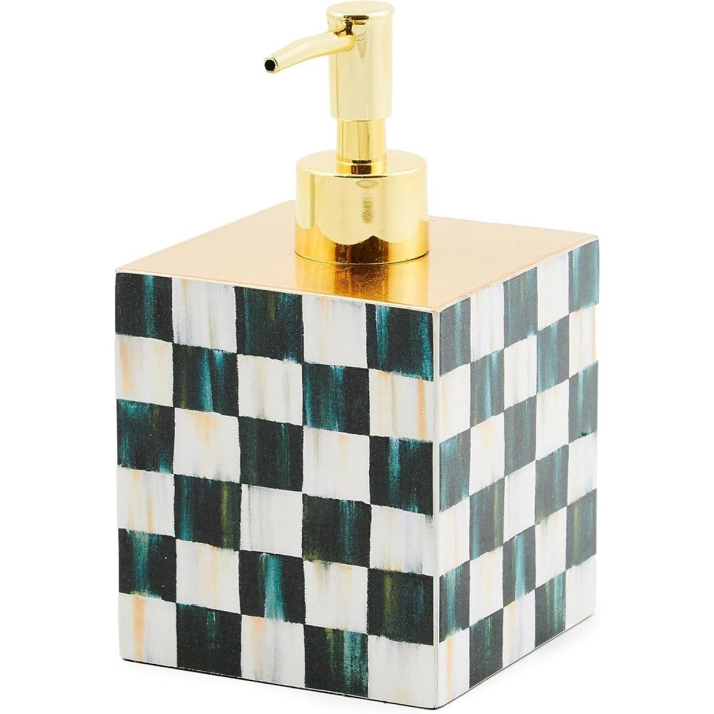 imageMACKENZIECHILDS Lacquer Soap Pump Dispenser Decorative LiquidSoap Dispenser for Bathroom or Kitchen GrayandWhite Sterling CheckCoutrly Check