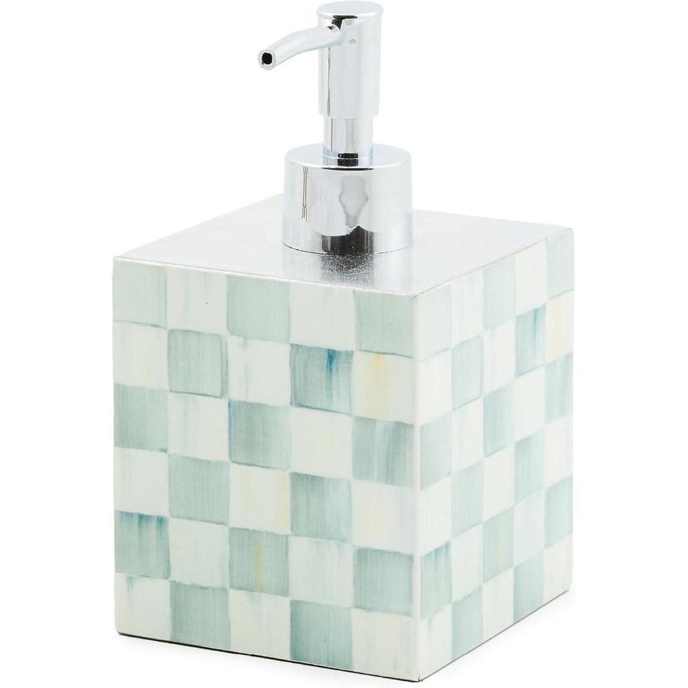 imageMACKENZIECHILDS Lacquer Soap Pump Dispenser Decorative LiquidSoap Dispenser for Bathroom or Kitchen GrayandWhite Sterling CheckSterling Check