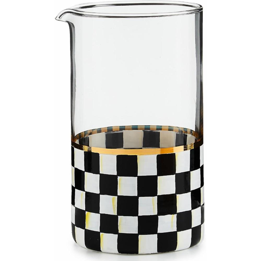 imageMACKENZIECHILDS Mixing Glass Tall Cocktail Mixing Glass with Spout Bar Accessory 25 Cups GrayandWhite Sterling CheckCourtly Check