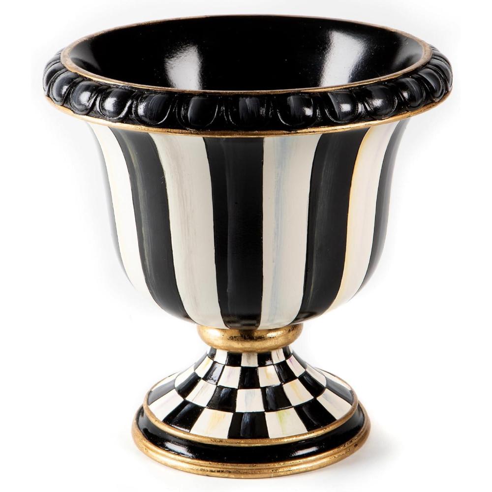 imageMACKENZIECHILDS Pedestal Tabletop Urn Decorative Centerpiece for Table Mantel or Shelf Small BlackandWhite Courtly StripeSmall