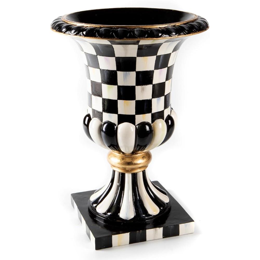 imageMACKENZIECHILDS Pedestal Tabletop Urn Decorative Centerpiece for Table Mantel or Shelf Small BlackandWhite Courtly StripeTall