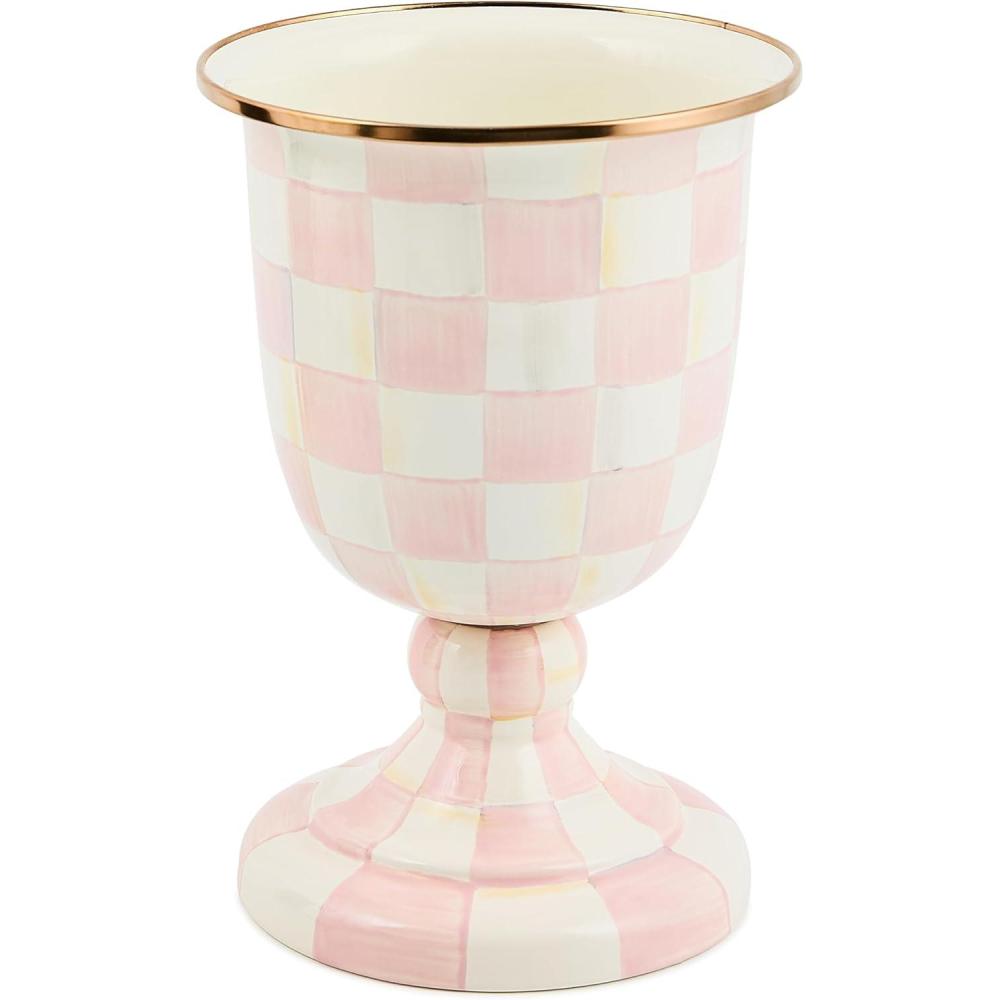 imageMACKENZIECHILDS Pedestal Vase Decorative Centerpiece and Flower Holder PinkandWhite Rosy CheckRosy Check