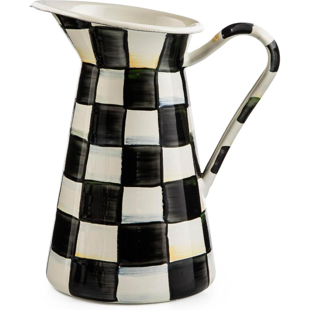 imageMACKENZIECHILDS Practical Enamel Pitcher with Spout Drink Pitcher for Iced Tea or Water Flower Vase Large BlueandWhite Royal CheckCourtly Check