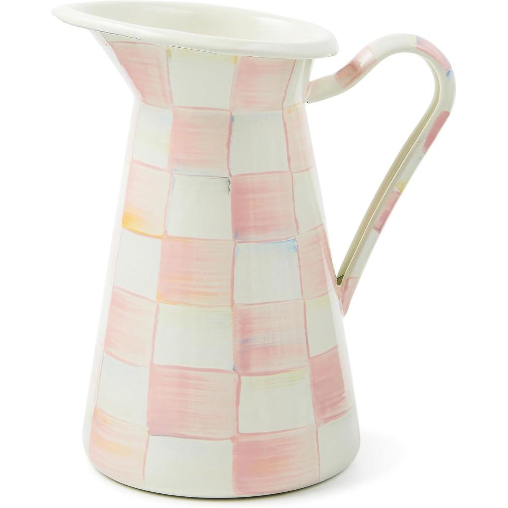 imageMACKENZIECHILDS Practical Enamel Pitcher with Spout Drink Pitcher for Iced Tea or Water Flower Vase Large BlueandWhite Royal CheckRosy Check