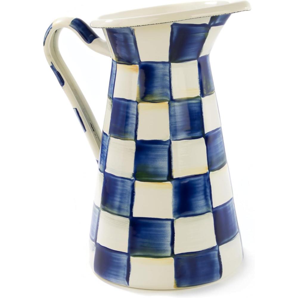 imageMACKENZIECHILDS Practical Enamel Pitcher with Spout Drink Pitcher for Iced Tea or Water Flower Vase Large BlueandWhite Royal CheckRoyal Check