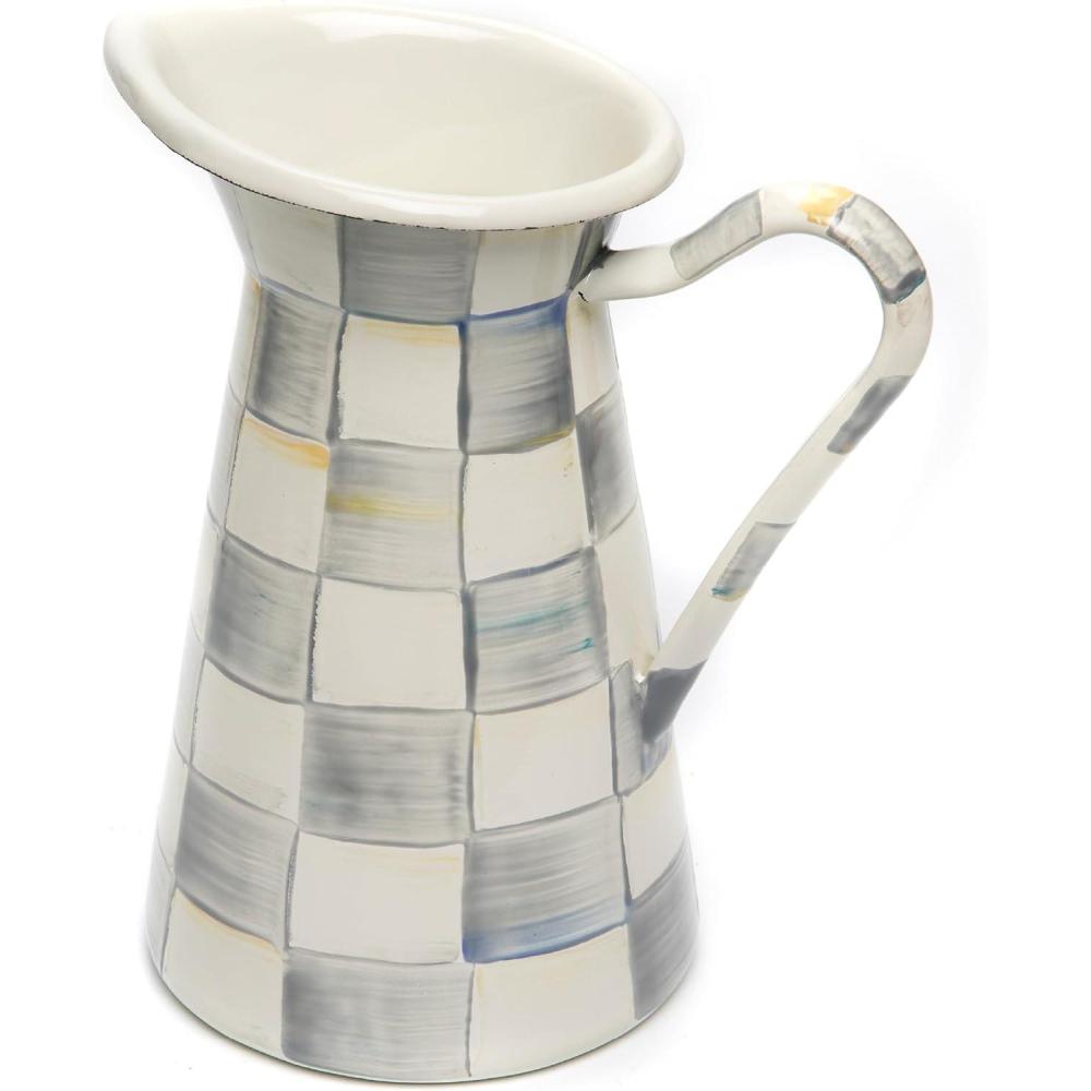 imageMACKENZIECHILDS Practical Enamel Pitcher with Spout Drink Pitcher for Iced Tea or Water Flower Vase Large BlueandWhite Royal CheckSterling Check