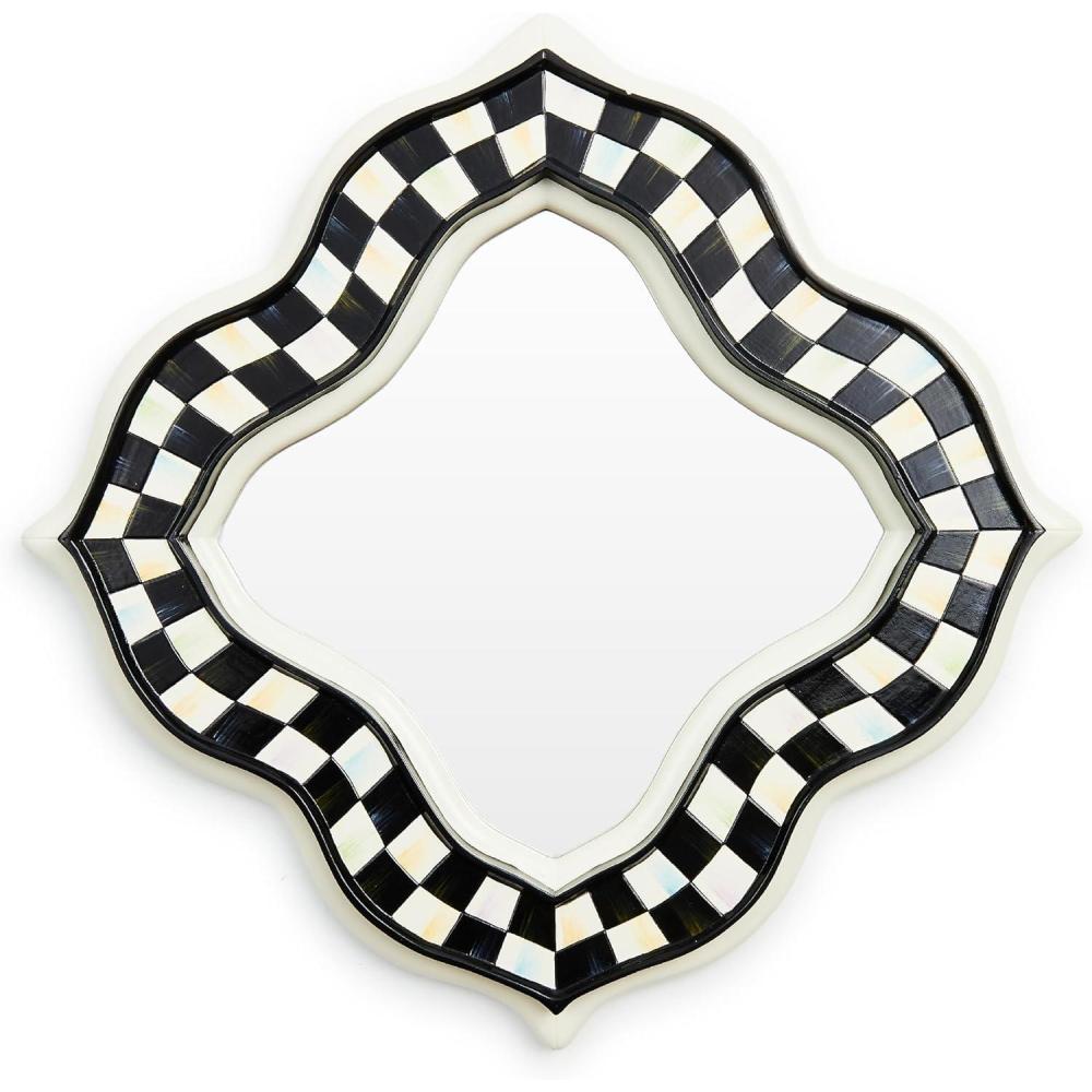 imageMACKENZIECHILDS Quatriflower Small Wall Mirror Diamond Mirror Wall Decor BlueandWhite RoyalCourtly Check