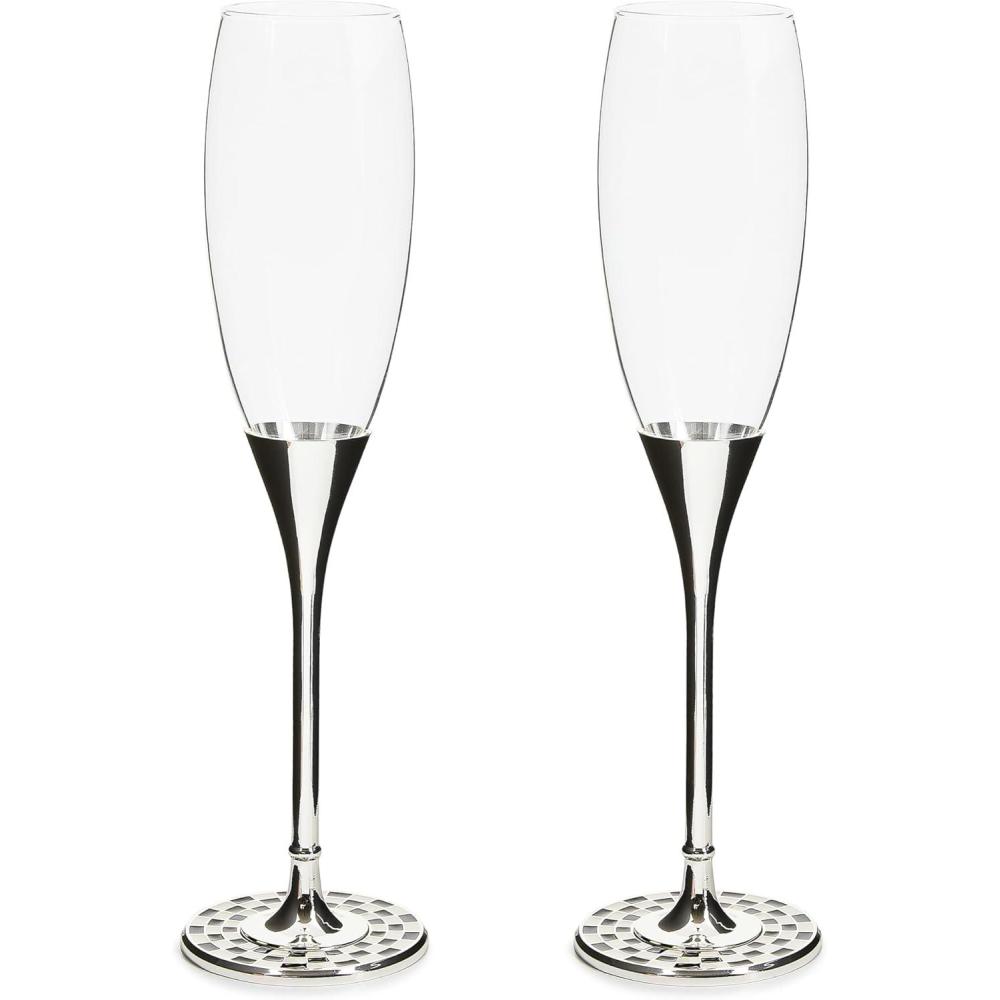 imageMACKENZIECHILDS Set of 2 Celebrate Toasting Flutes Decorative Champagne Glasses 8 Ounces BlackandWhite Courtly CheckCelebrate Courtly