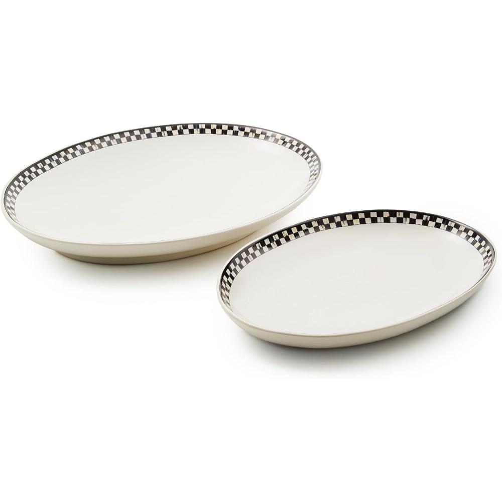 imageMACKENZIECHILDS Set of 2 Everyday Oval Platters DishwasherSafe and MicrowaveSafe BlackandWhite Courtly Check