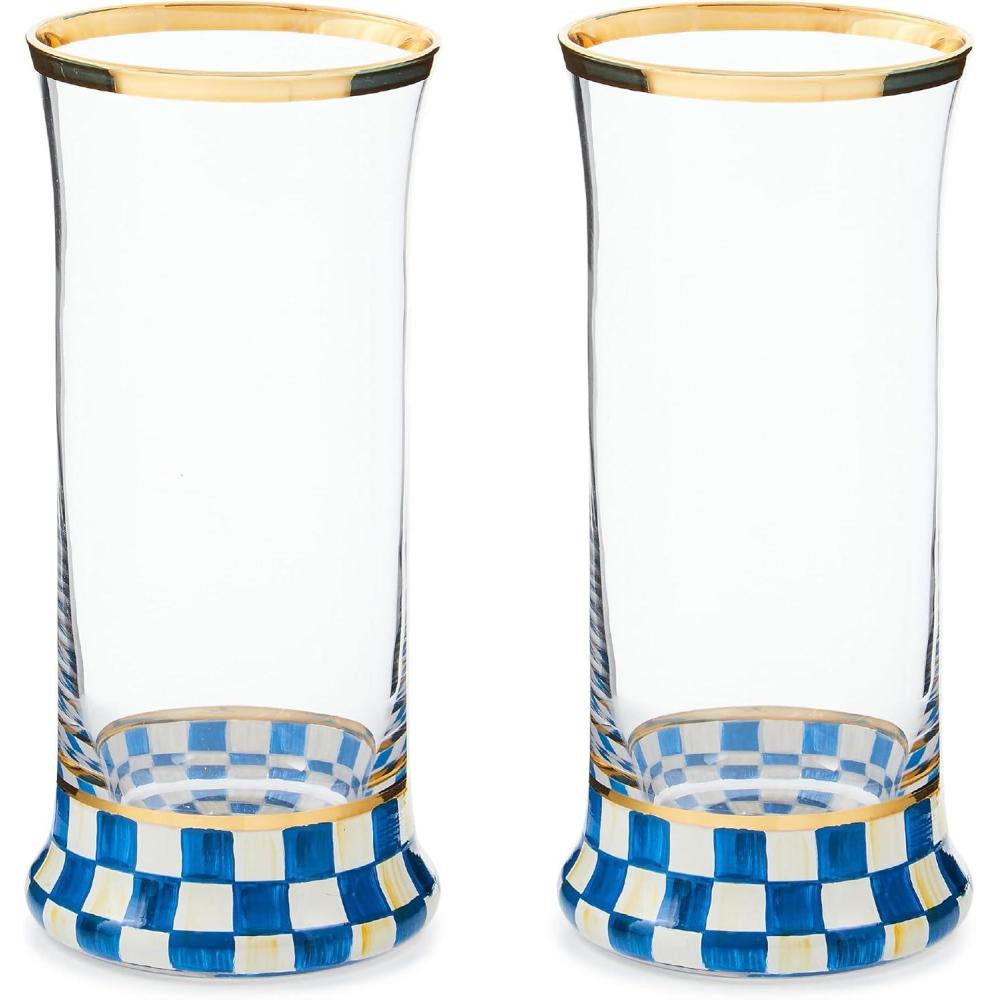 imageMACKENZIECHILDS Set of 2 Highball Glasses Tall Drinking Glasses 15 Ounces BlueandWhite Royal Check