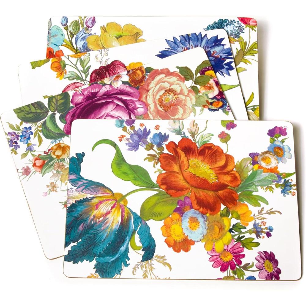 imageMACKENZIECHILDS Set of 4 CorkBack Placemats HardFinish Table Mats Color Flower MarketWhite Flower Market