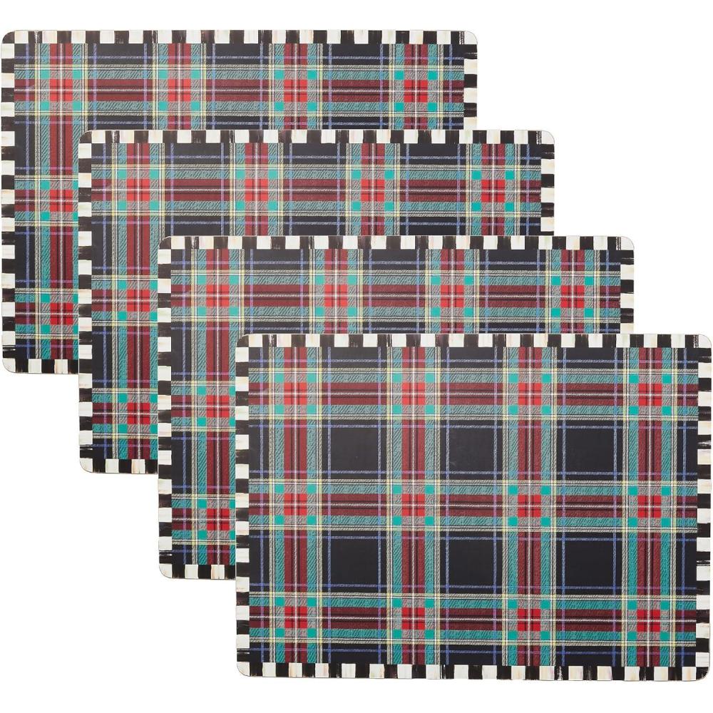imageMACKENZIECHILDS Set of 4 CorkBack Placemats HardFinish Table Mats Courtly Flower MarketBlack Tartan