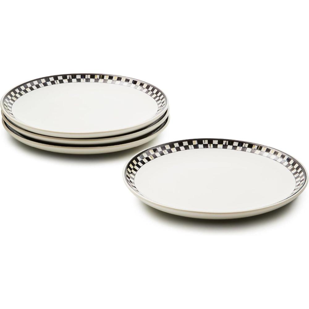imageMACKENZIECHILDS Set of 4 Everyday Lunch Plates MicrowaveSafe and DishwasherSafe Stoneware Plates BlackandWhite Courtly Check