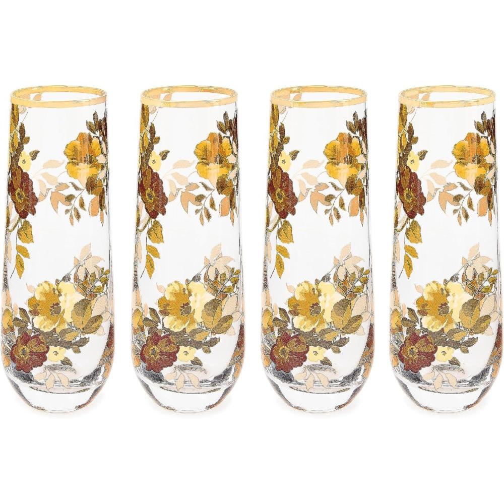 imageMACKENZIECHILDS Set of 4 Stemless Flutes Decorative Champagne Flutes Wild Rose