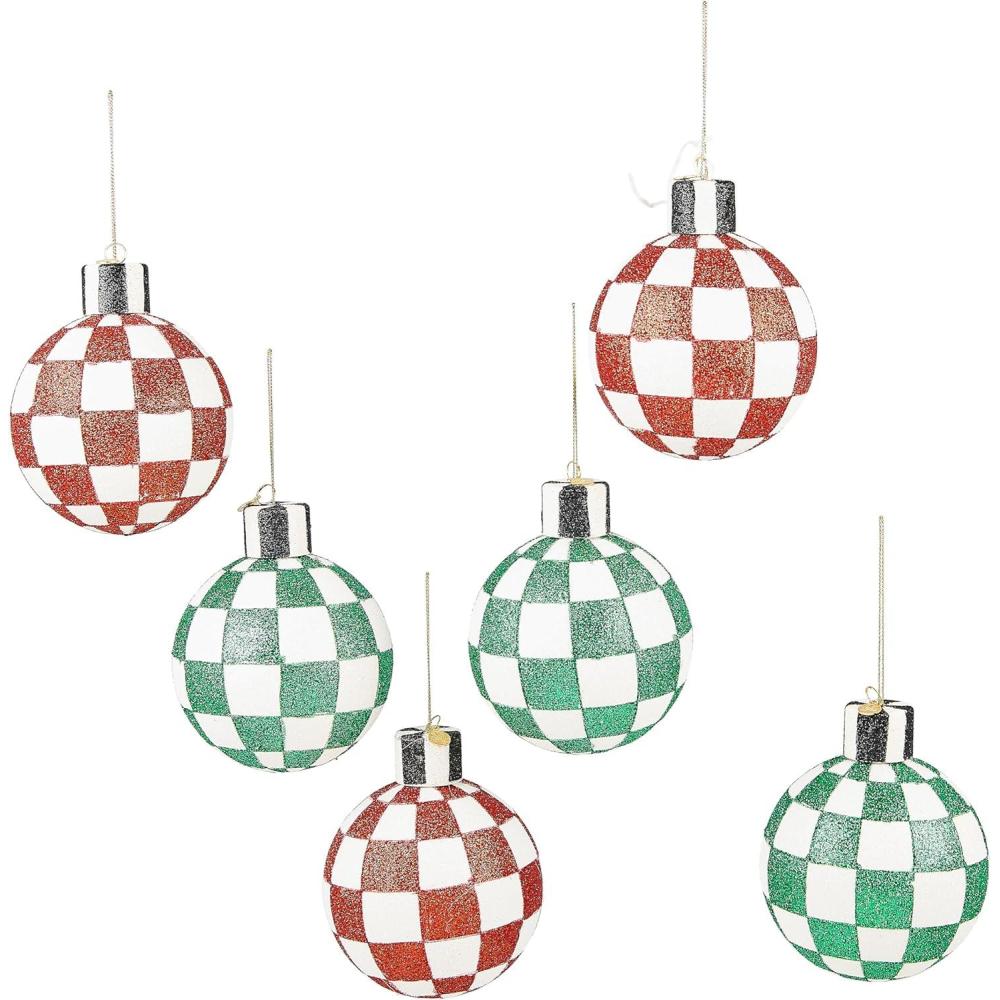 imageMACKENZIECHILDS Set of 6 Glass Ornaments Christmas Tree Decorations Holiday MittenCheckIt Out Ball