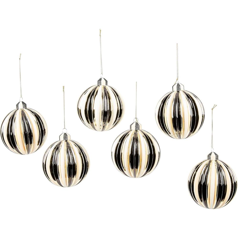 imageMACKENZIECHILDS Set of 6 Glass Ornaments Christmas Tree Decorations Holiday MittenCourtly Noel Stripe