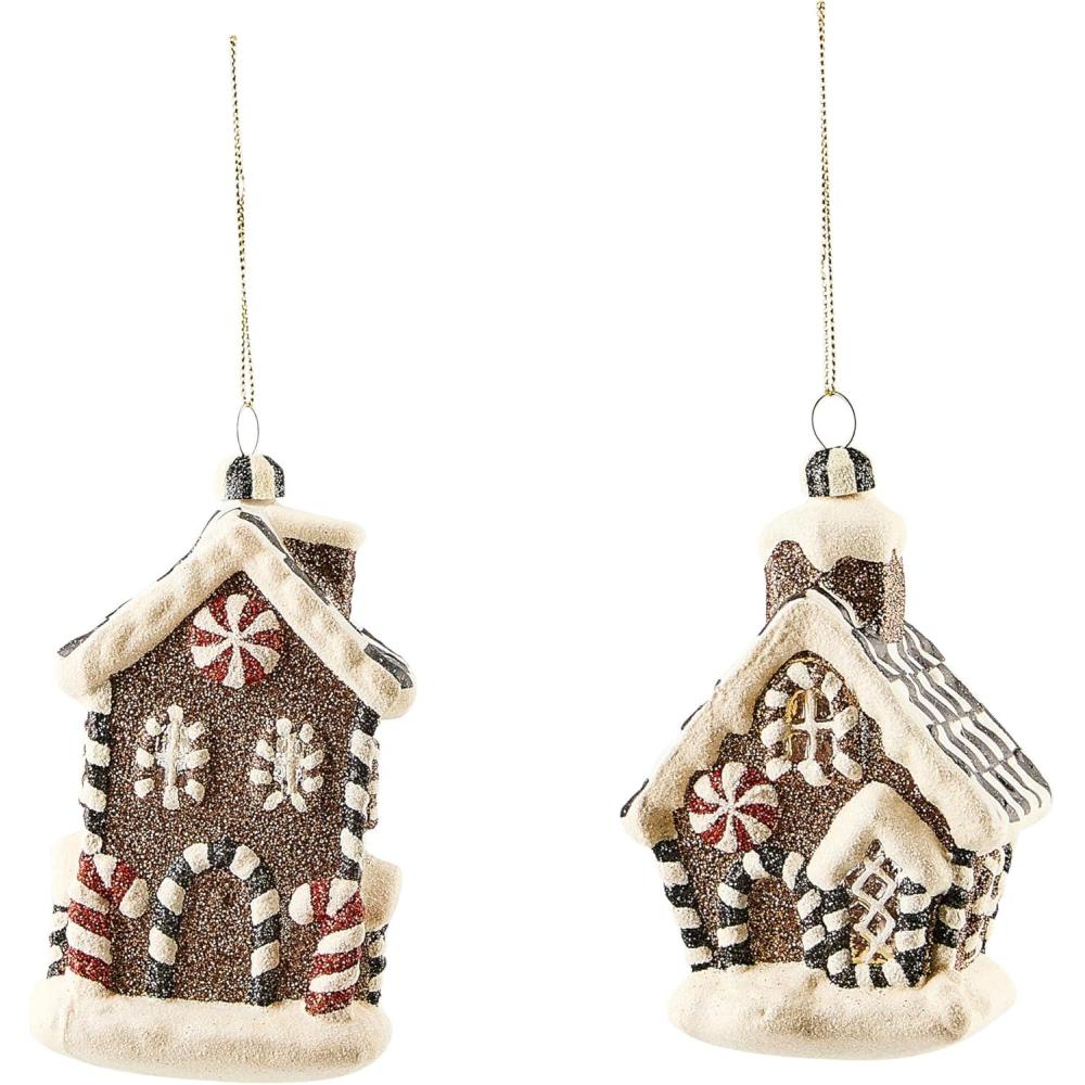 imageMACKENZIECHILDS Set of 6 Glass Ornaments Christmas Tree Decorations Holiday MittenGingerbread House