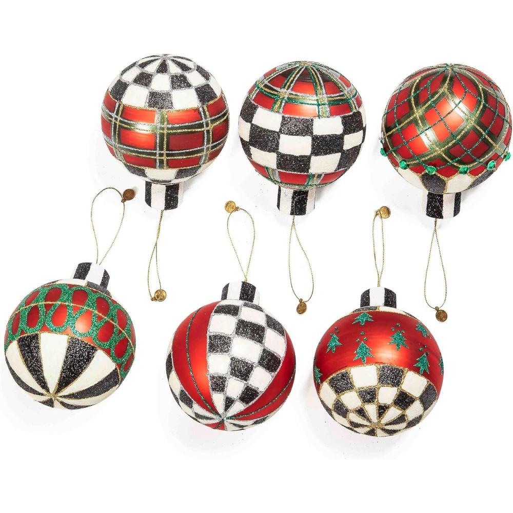 imageMACKENZIECHILDS Set of 6 Tartan Glass Ornaments Christmas Tree Decorations Set LargeMedium