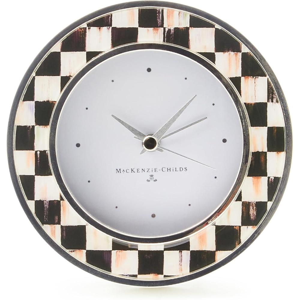 imageMACKENZIECHILDS SilverPlated Round Desk Clock Decorative Clock for Living Room Kitchen or Office BlackandWhite Courtly CheckCourtly Check