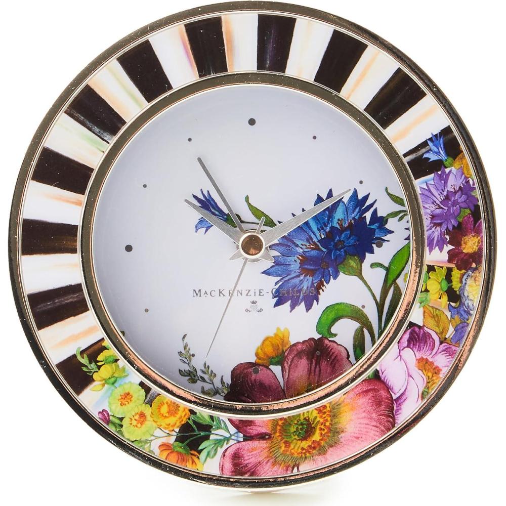 imageMACKENZIECHILDS SilverPlated Round Desk Clock Decorative Clock for Living Room Kitchen or Office BlackandWhite Courtly CheckFlower Market