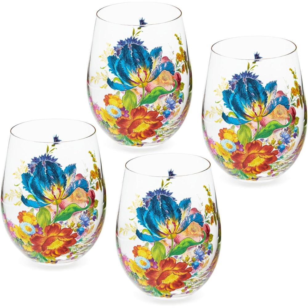 imageMACKENZIECHILDS Stemless Wine Glasses Decorative Wine Glasses 16 Ounces Set of 4 Flower Market