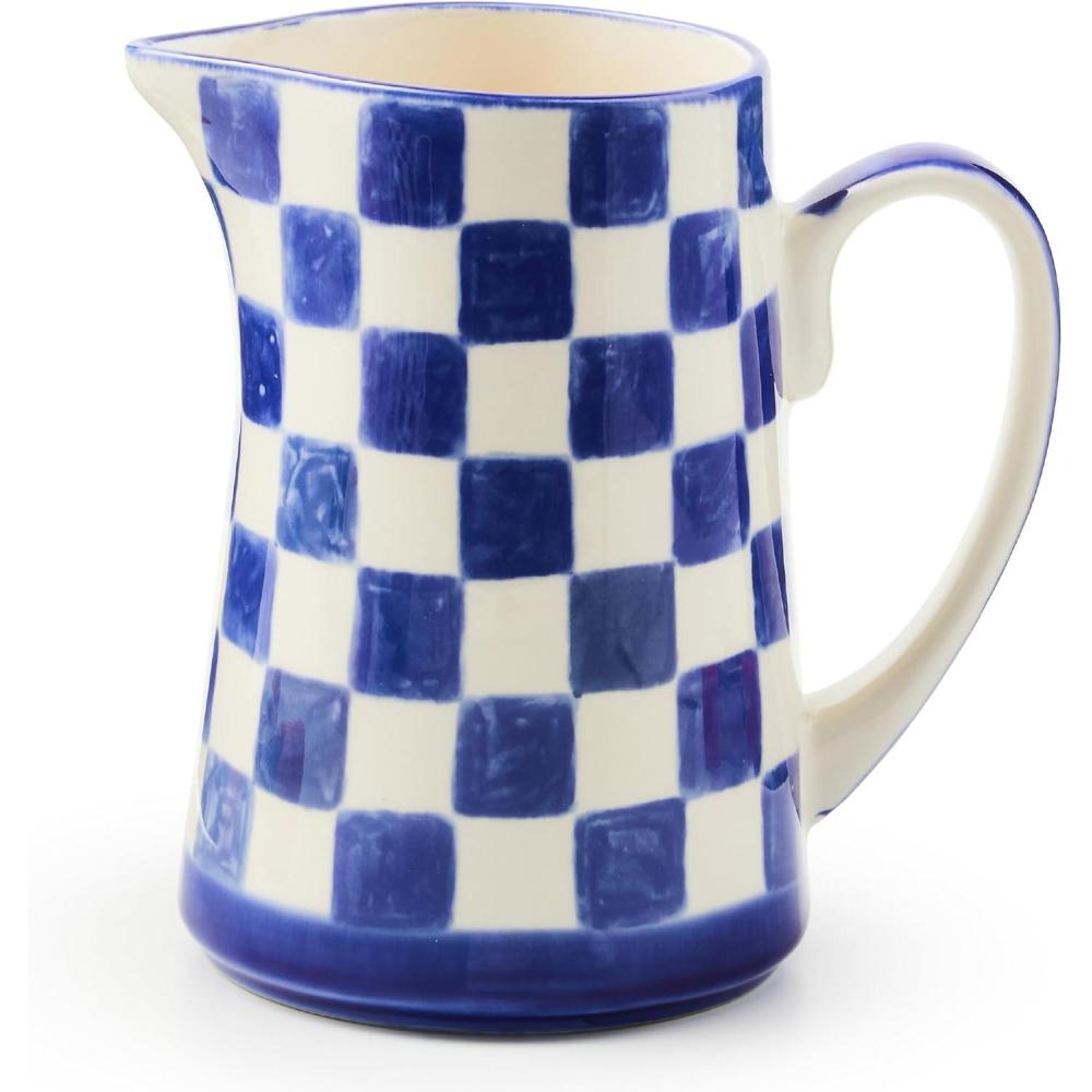 imageMACKENZIECHILDS Stoneware Pitcher with Spout Decorative Drink Pitcher 175 Quarts Black CheckIndigo