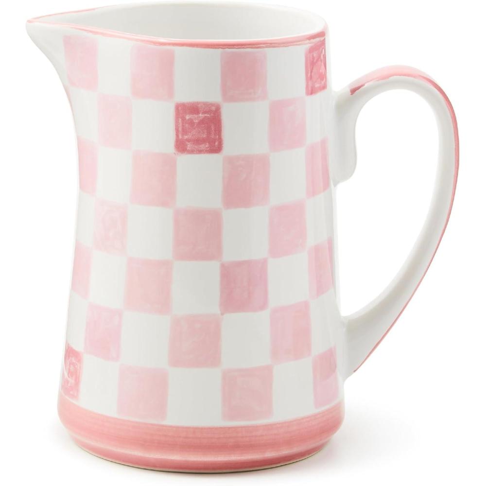 imageMACKENZIECHILDS Stoneware Pitcher with Spout Decorative Drink Pitcher 175 Quarts Black CheckPink