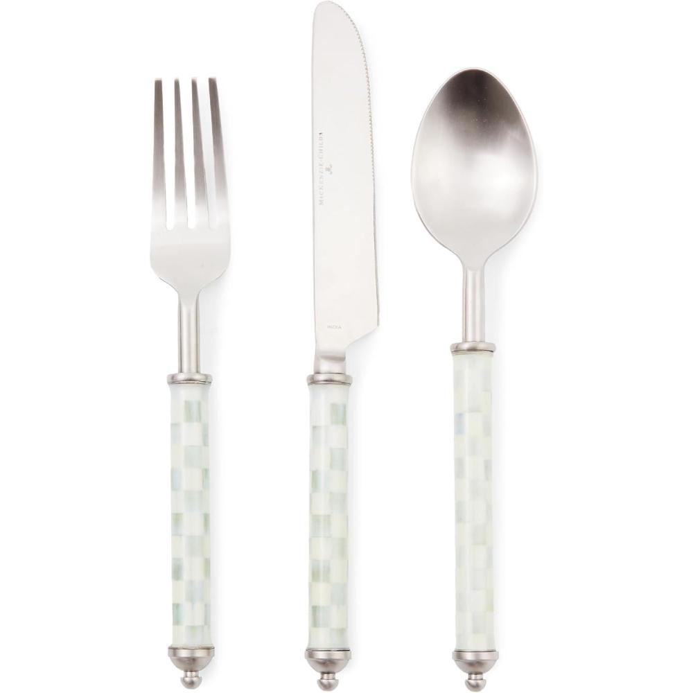 imageMACKENZIECHILDS Supper Club 3Piece Place Setting Fork Spoon and Knife Dinner Flatware Set BlackandWhite Courtly CheckSterling Check
