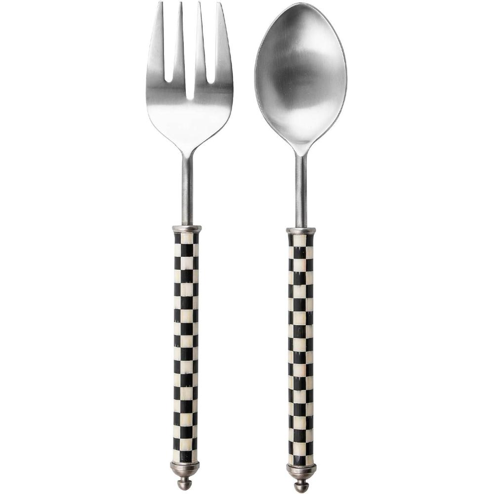 imageMACKENZIECHILDS Supper Club Salad Serving Set Fork and Spoon Salad Servers Decorative Kitchen Serving Utensils GrayandWhite Sterling CheckCourtly Check