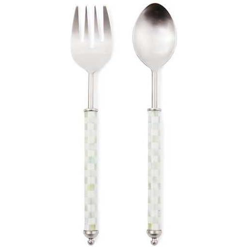 imageMACKENZIECHILDS Supper Club Salad Serving Set Fork and Spoon Salad Servers Decorative Kitchen Serving Utensils GrayandWhite Sterling CheckSterling Check