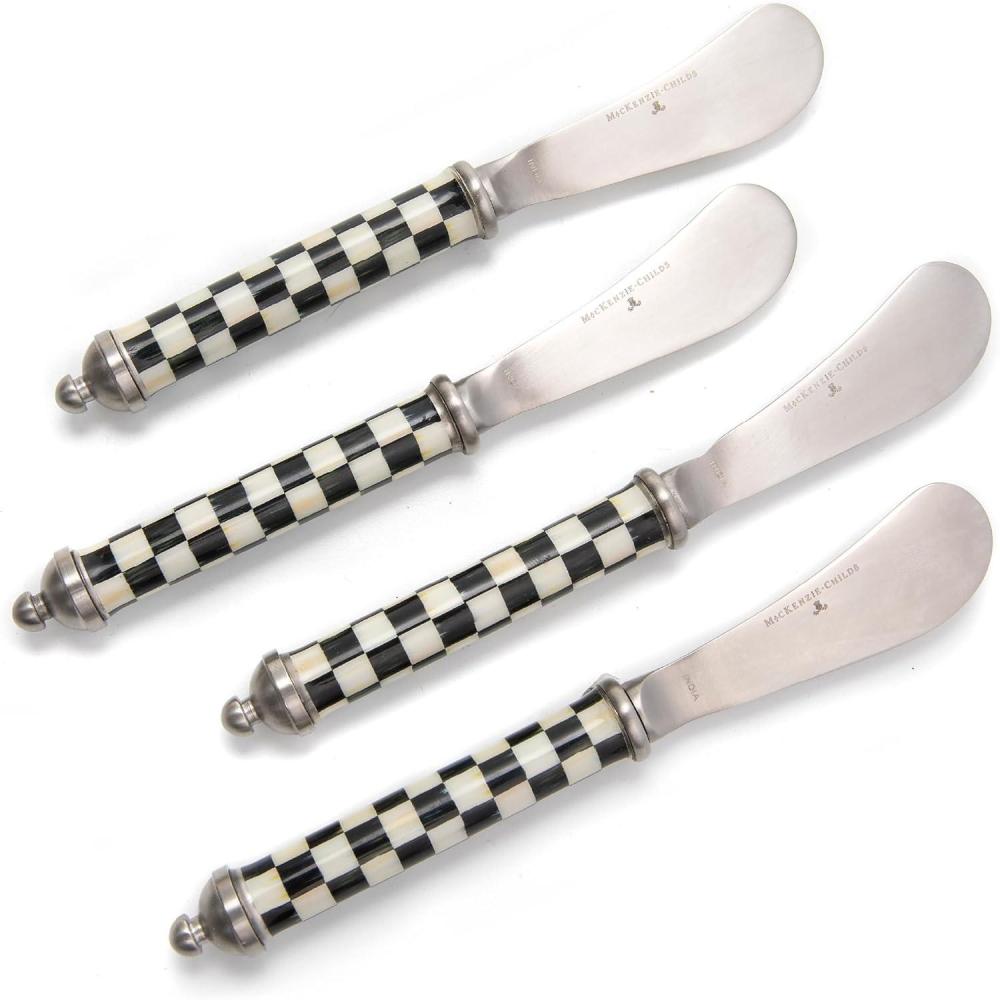 imageMACKENZIECHILDS Supper Club Spreader Set StainlessSteel Butter Spreaders Charcuterie Accessories Set of 4 GrayandWhite Sterling CheckCourtly Check