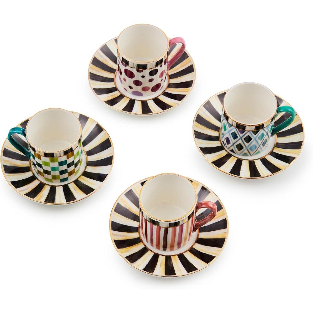 imageMACKENZIECHILDS Sweetheart Espresso Cup and Saucer Set Cute Porcelain Espresso Cups and Saucers for Coffee Set of 4