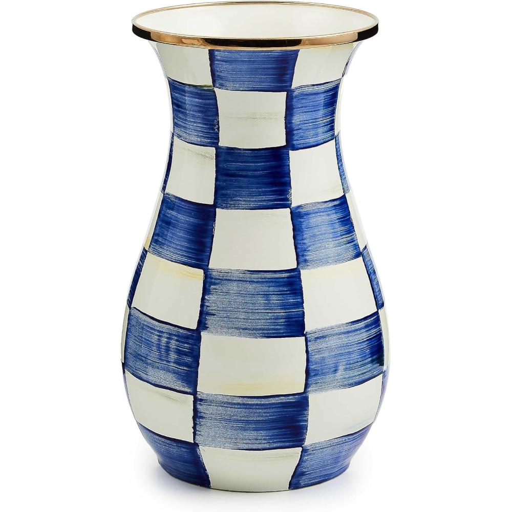 imageMACKENZIECHILDS Tall Enamel Vase Unique Flower Vase Decorative Table Decor for Living Room BlueandWhite Royal CheckRoyal Check