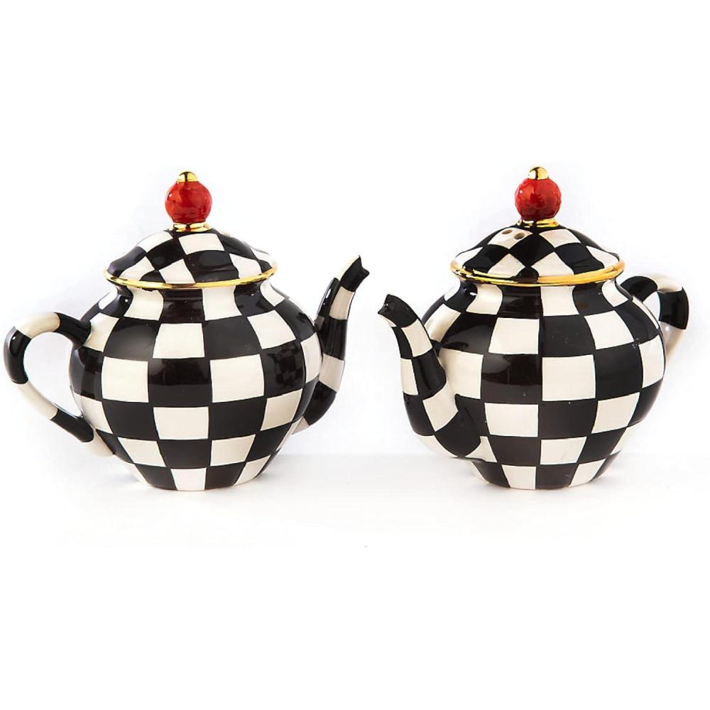 imageMACKENZIECHILDS Teapot Salt and Pepper Shaker Set Ceramic Salt and Pepper Holders BlackandWhite Courtly CheckCourtly Check