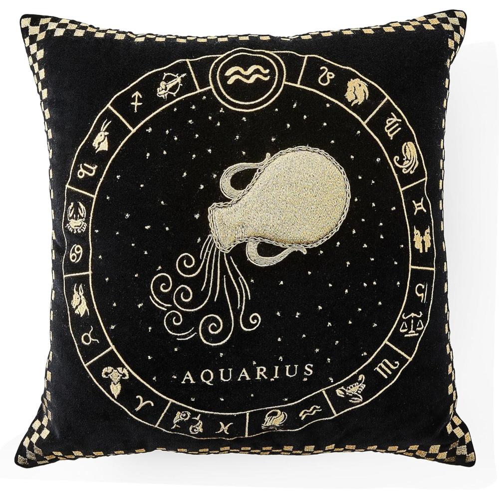 imageMACKENZIECHILDS Throw Pillow Decorative Astrological Cotton Pillow for Living Room 18x18 Taurus ZodiacAquarius