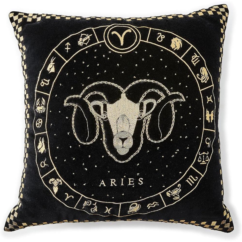 imageMACKENZIECHILDS Throw Pillow Decorative Astrological Cotton Pillow for Living Room 18x18 Taurus ZodiacAries