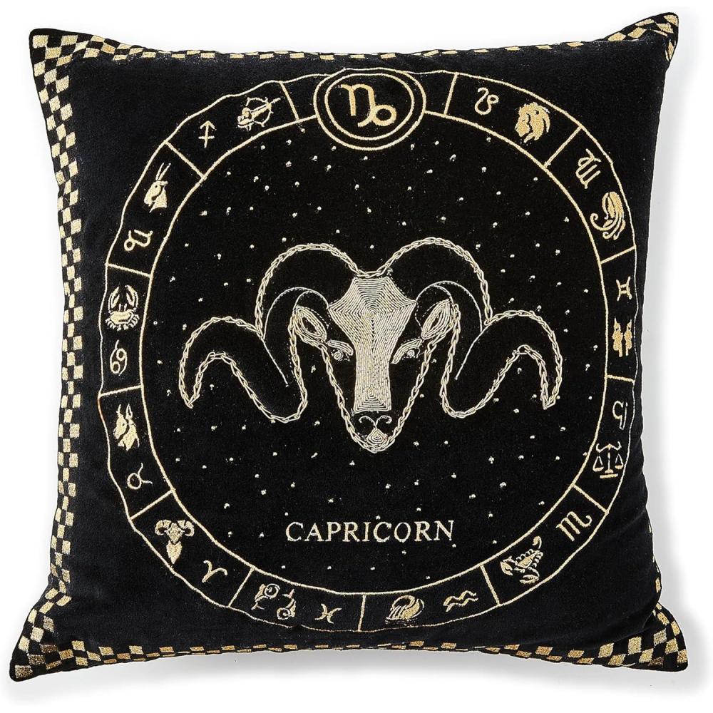 imageMACKENZIECHILDS Throw Pillow Decorative Astrological Cotton Pillow for Living Room 18x18 Taurus ZodiacCapricorn